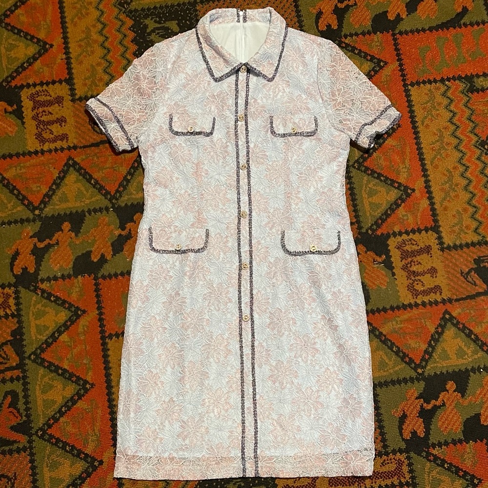 Light blue handmade dress, shimmering textured fabric, short sleeve